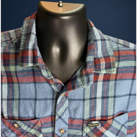 Volcom Men’s Modern Fit Flannel Button-Up Shirt – Blue/Red Plaid – Size M Skater - Picture 5 of 12